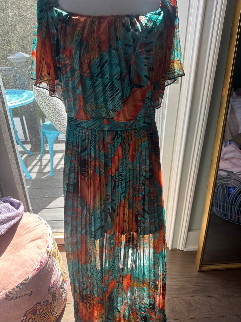 Off-Shoulder Maxi Dress in Teal and Orange